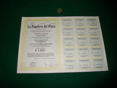 Papelera Del Plata Titulo 100000 Acciones . Año 1992 .