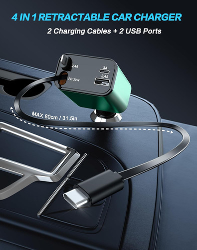 Cargador Retráctil Para Automóvil, Cargador Rápido 4 En 1 Pa