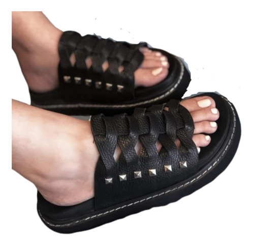 Sandalia Cuero Trenzada Base Goma Zapato Moda Mujer 