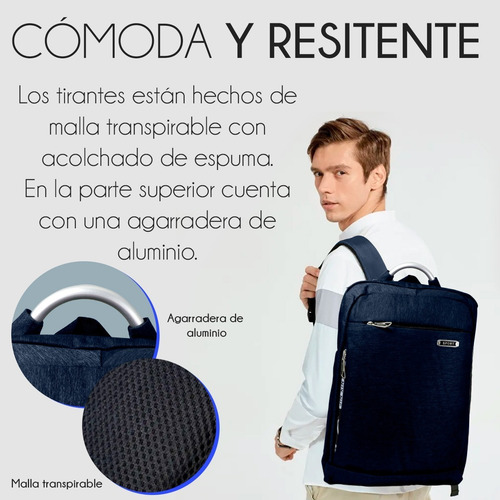Mochila Impermeable Laptop Puerto Usb Escolar Portátil Viaje Color Azul marino Diseño de la tela Liso
