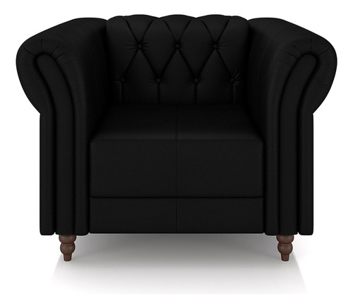 Sofá 220cm 2 Poltronas Chesterfield Couro Preto Brilho