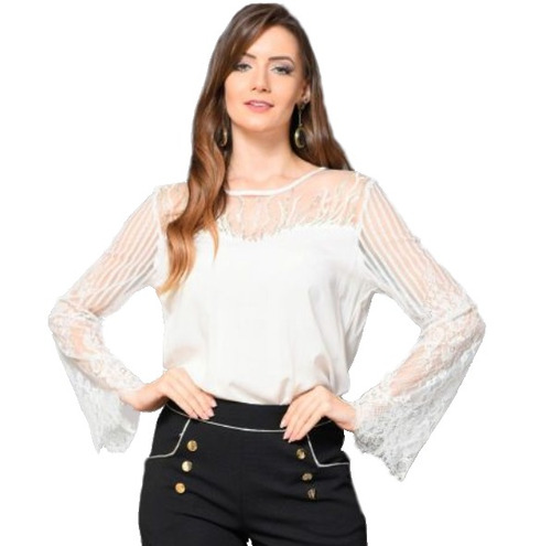 Blusa Social Manga Longa Boca De Sino Em Renda Chic Up S0532