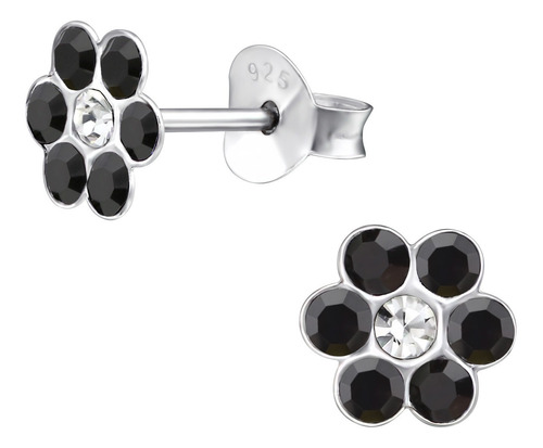 Aros De Plata 925, Flor Negra Zirconia Onix Mujer Niña