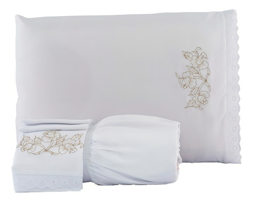 Jogo De Cama Lençol De Elástico Casal Queen 3 Peças Cor Branco Desenho Do Tecido Liso