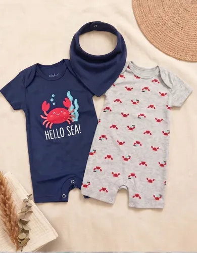 Kit 2 Romper Macacão Bebê Menino E Babador Azul-cinza Caramguejo G