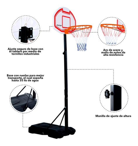 Imagen 4 de 6 de Aro De Basquetbol Portátil Con Altura Ajustable 2,1 Metros