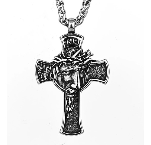 Collar Dije Cruz Jesus Color Plata Acero Inoxidable Hombre