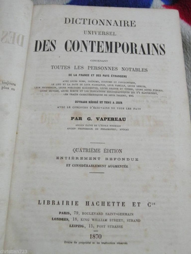 Dictionnaire Universel Contemporains Vapereau 1870 Frances