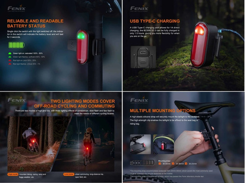 Imagen 7 de 10 de Linterna Led Bicicleta Fenix Bc05r V2.0 Roja 180 Grados.