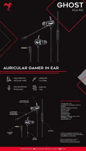 Imagen 2 de 2 de Auriculares In-ear Gamer Kolke Ghost Kga-442 Negro