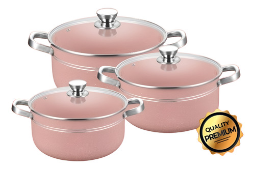 3 Olla Cacerola Alta De Aluminio Rosa Con Tapa De Cristal