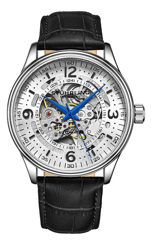 Reloj Hombre Stuhrling Automático Legacy Denmark 3947 42mm Correa Negro Bisel Plateado Fondo Blanco