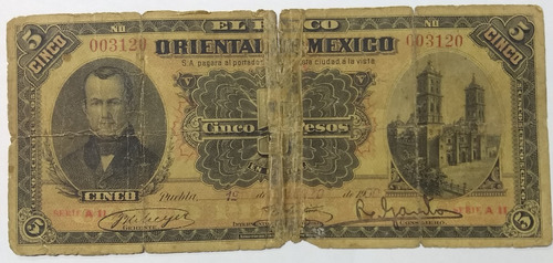 Billete De Puebla, El Banco Oriental De México. $5. Año 1900 (Usado)