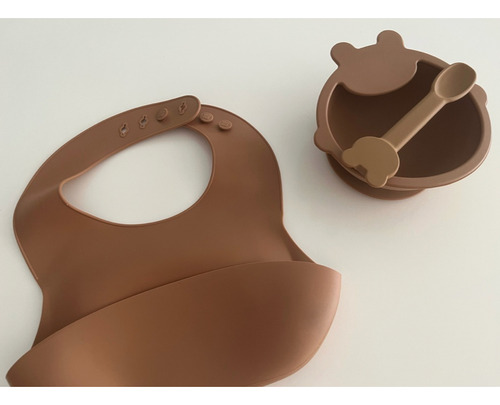 Set Silicona Alimentación Bebes Cuchara Babero Bowl Bpa Free Marrón
