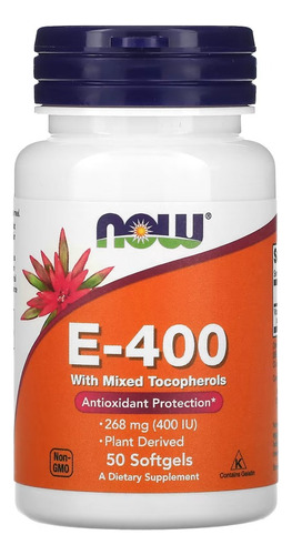 Vitamina E-400 268mg Tocoferóis Mistos Now Foods 50softgels Sabor Sem sabor