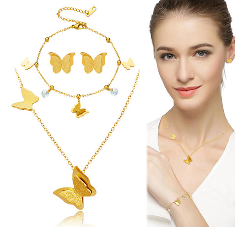Collar De Oro 18k Mariposas Dije Pulsera Aretes Joyeria
