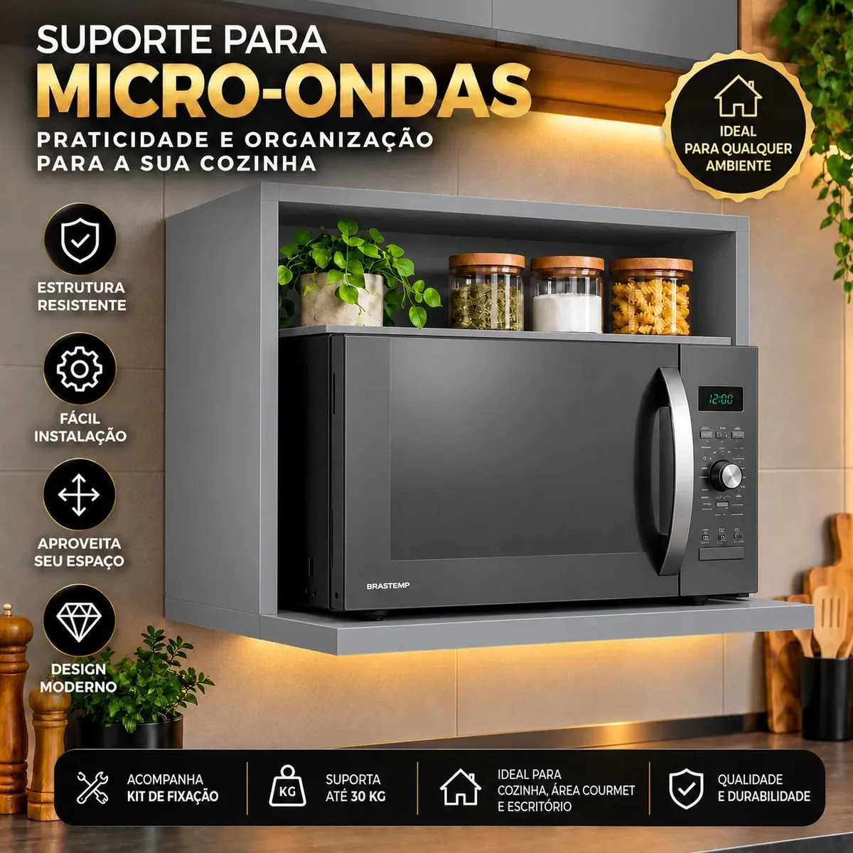 Prateleira Suporte de Parede para Forno Elétrico Air Fryer Micro-ondas até 30kg Reforçada Organizador Cozinha Nicho Eletrodomésticos Estante Multiuso Bancada Área Gourmet com Kit de Fixação Resistente