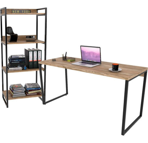 Kit Mesa Para Escritório Com Estante 4 Prateleiras Industrial Form 150 Cm Carvalho - Lyam Decor Cor Marrom