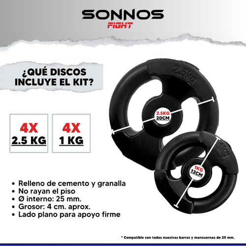 Kit Mancuernas A Rosca + 14 Kg Discos Pesas C/manijas Sonnos Negro