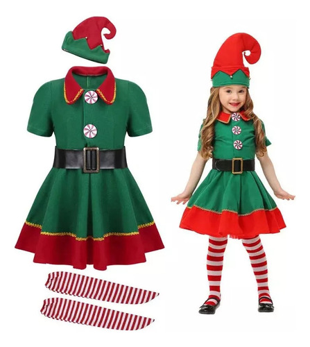 Disfraz Navideño Niña Elfa Duende De Santa Claus