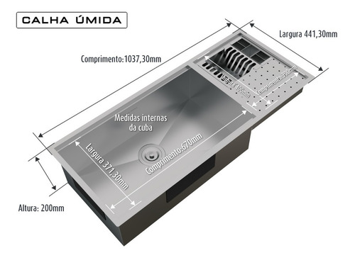 Imagem 3 de 6 de Cuba Quadrada Calha Úmida Platino Integrato 103x44 Sobrepor