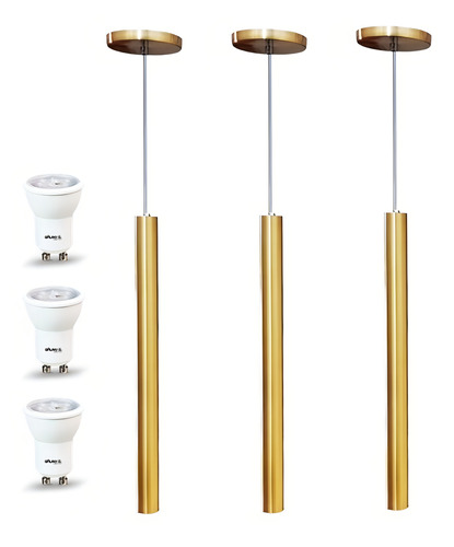 3 Pendentes Tubo 50cm Dourado Escovado + Led + Fio Cristal