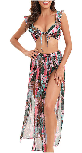 Traje De Baño Estampado De Tres Piezas A127 Split Show Waist