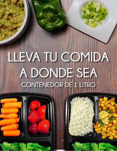 Pack 20 Contenedores 34oz De 3 Compartimentos Almuerzo Color Negro