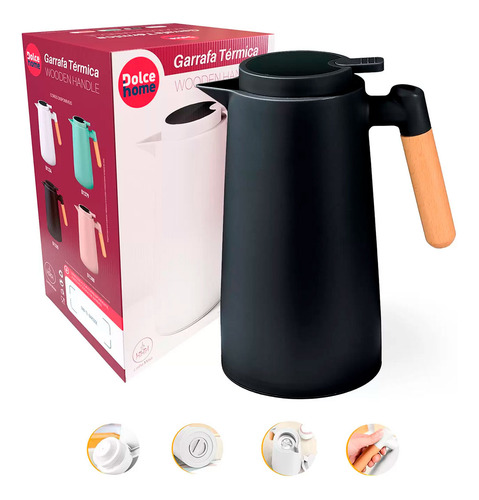 Garrafa Térmica 1 L Preta Wooden Handle Dolce Home Cor Preto