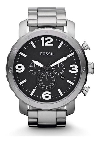 Relógio de pulso Fossil Nate com corpo prateado,  analógico, para masculino, fundo  preto, com correia de aço inoxidável cor prateado, agulhas cor branco e preto, subdials de cor branco, subesferas cor preto, ponteiro de minutos/segundos branco, bisel cor prateado e dobrável