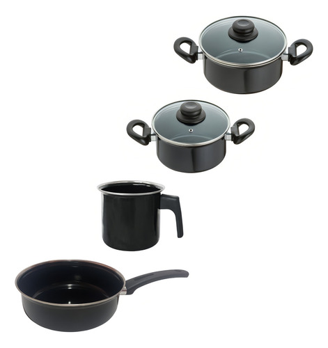 Conjunto Panelas 4 Peças Preta Indução Cooktop Elétrico Gás Cor Preto