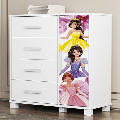 Cômoda Infantil Para Quarto 80cm 4 Gavetas Princesa Rosa Z53