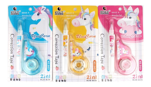 3 Kit Correctores Unicornio 1 Liquido + 1 Cinta C/u Kawaii