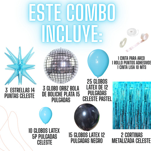 Combo Globos Deco Fiesta Tematica Kit Bola Boliche Celeste Y Negro