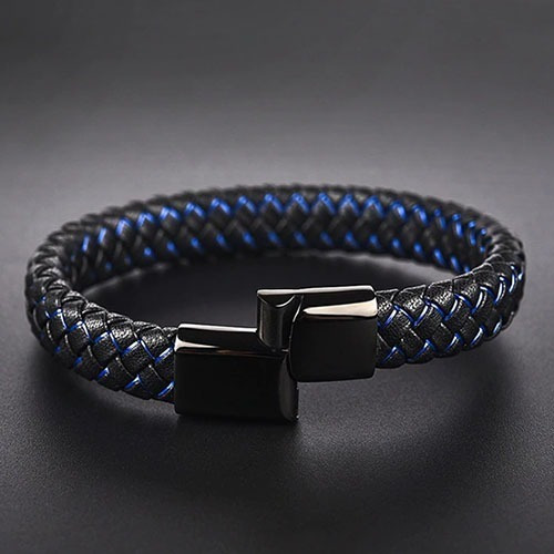Imagem 2 de 5 de Pulseira Masculina Bracelete Em Couro Trançado E Aço Inox