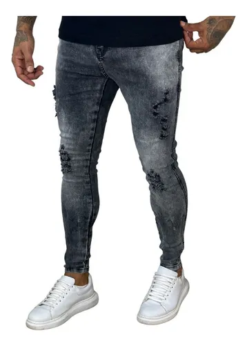 Calça Skinny Preta Rasgada Masculina Jeans C/...