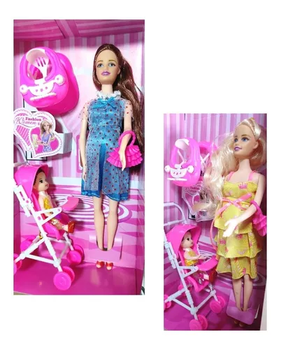 Boneca Gravida Estilo Barbie Andador Carrinho Bonequinha morena