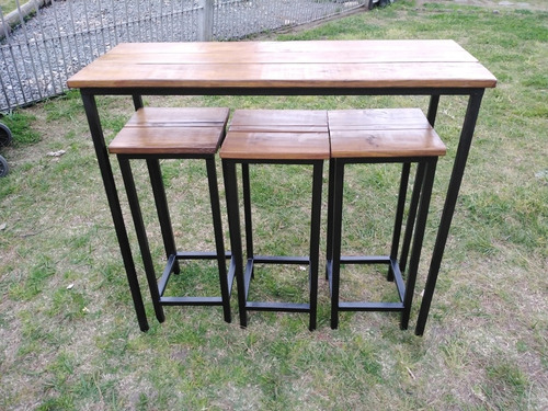 Desayunador , Mesa Alta Y 3 Banquetas Madera Y Hierro
