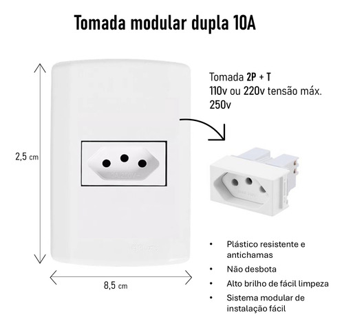 Tomada 10a Modular Simples Reforçada 4x2 Branca Pluzie Nfe