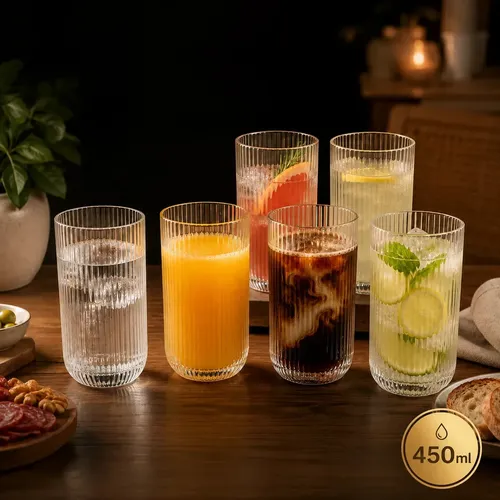 Jogo 6 Copos Vidro Canelado 450ml Luxo Elegante Mesa Posta Água Suco Drink Café Design Premium Copo Texturizado Resistente Moderno Conjunto  Sofisticado Cozinha Bar Decoração Pratitudo Essencial