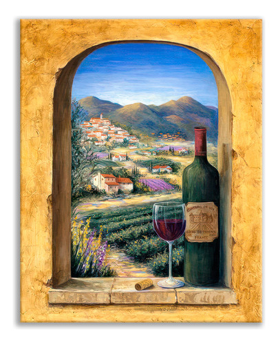 Cuadro Copa Botella De Vino Ventana Paisaje Viñedo  110 Cm