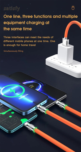 Cable Usb C Carga Rapida Micro Usb Triple Androide Luz Led