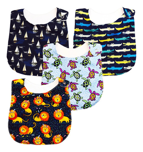 Kit 4 Baberos Para Bebé León De Algodón Impermeable Color Azul Talla Unitalla