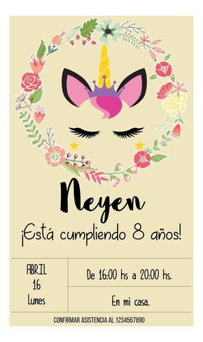 Tarjeta Invitación Unicornio Imprimible Personalizada
