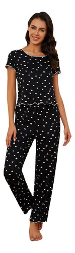 Mujeres De Verano Pijama Negro Corazón Print Homewear