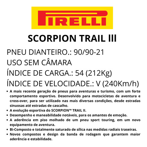 Pneu 90/90-21 Dian Pirelli Scorpion Trail 3 Uso Sem Câmara