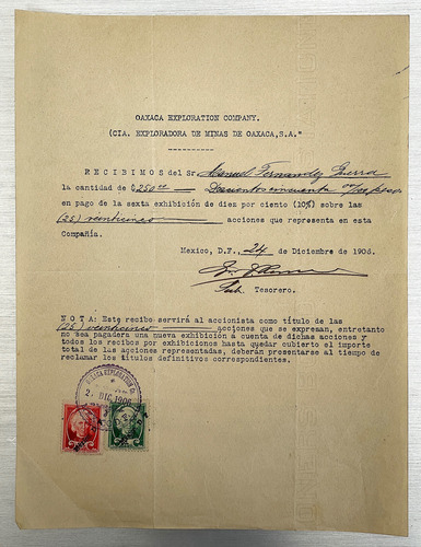 Antiguos Documentos 1906 Recibos Pago Acciones Minera Oaxaca (Usado)