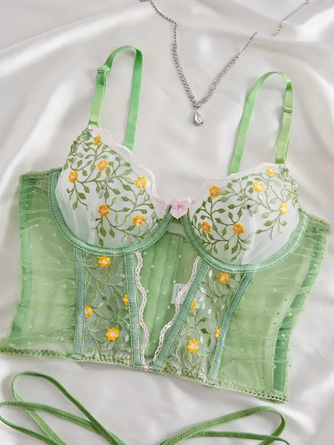 Conjunto Lencería Con Corset Push Up Y Tanga Con Lentejuelas