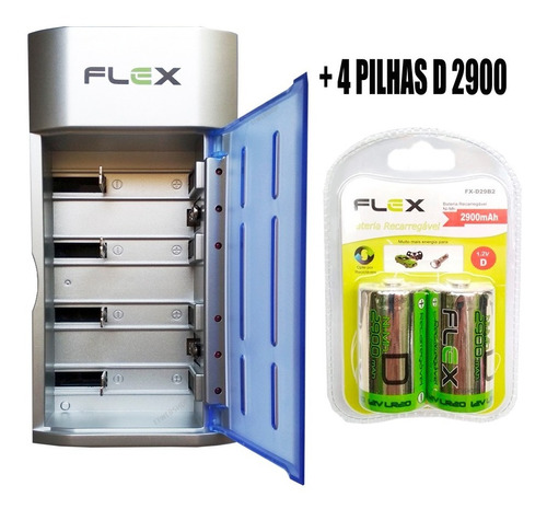 Carregador De Pilhas Flex Com 4 Pilhas D Grande 2900 Fx C06