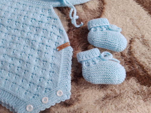 Body, Gorrita Y Escarpines Bebé Manga Larga Tejido Celeste 1-3 M